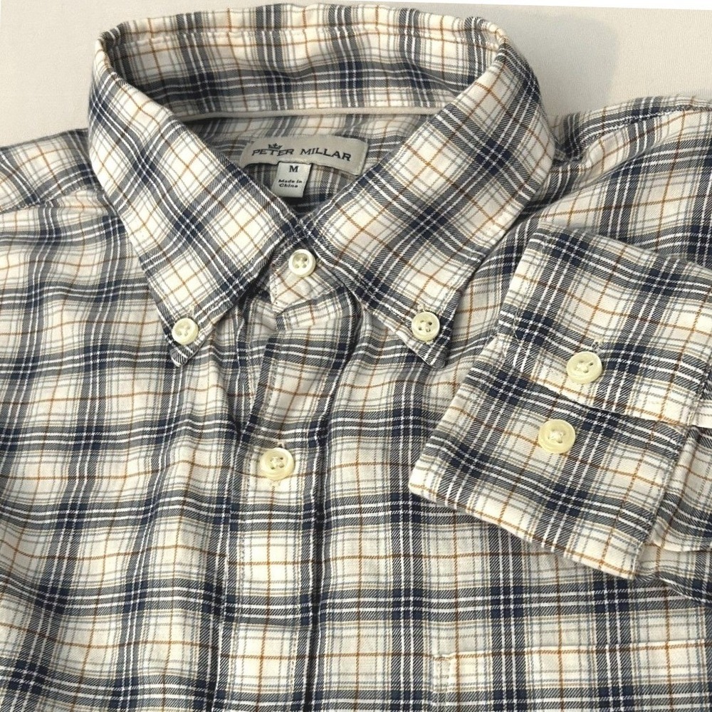 Peter Millar Button Down Shirt Mens M White Navy Tan Plaid Long Sleeve Cotton‎